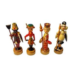 Wooden Painted Polychrome Standing Fantasy Figures, Box Set of 4